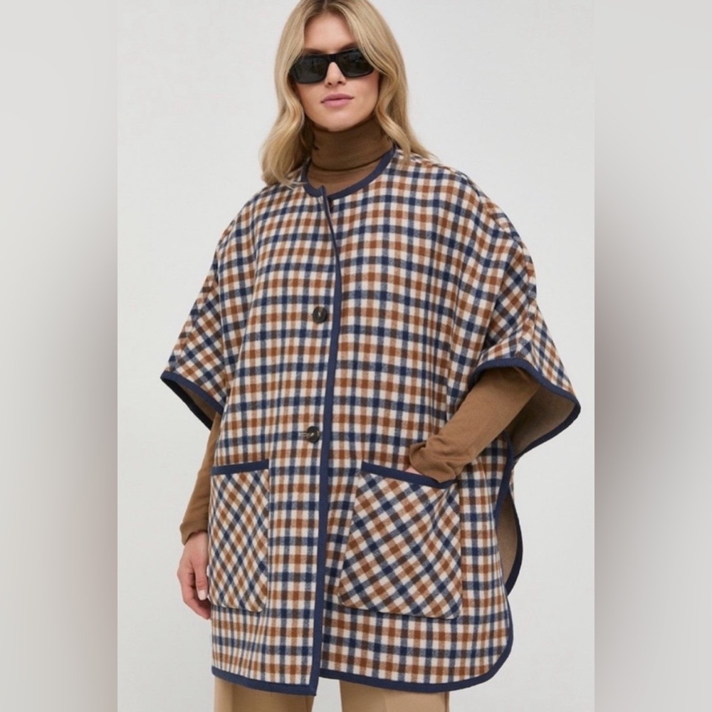 MaxMara Checkered Cape in Blue and Brown